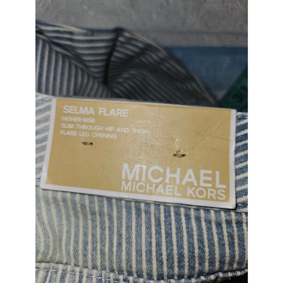 Michael Kors Selma Flare Wide Leg Denim Jeans Size 14 Blue White Striped - Picture 6 of 12